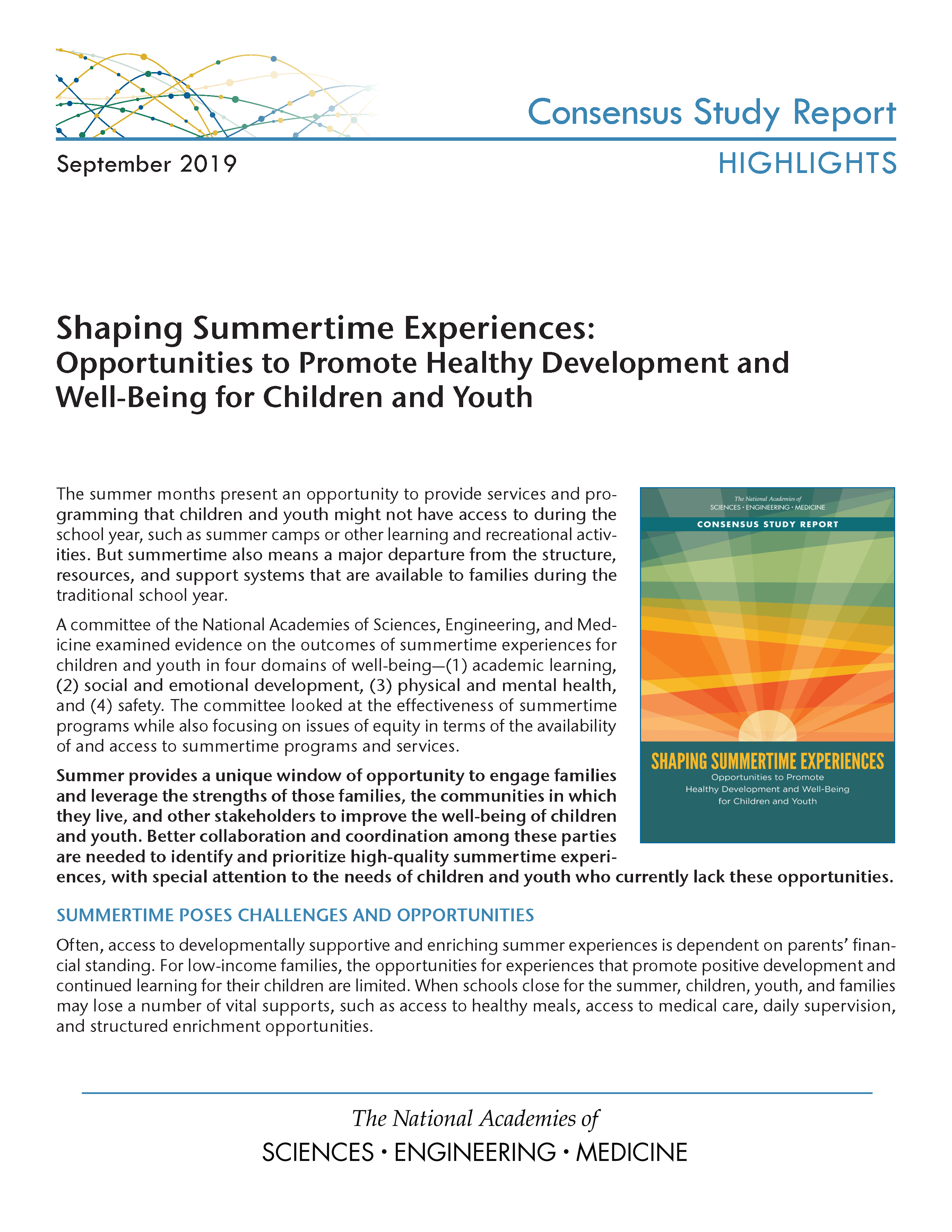 Shaping Summertime Experiences: Opportunities to Promote Healthy  Development and Well-Being for Children and Youth
