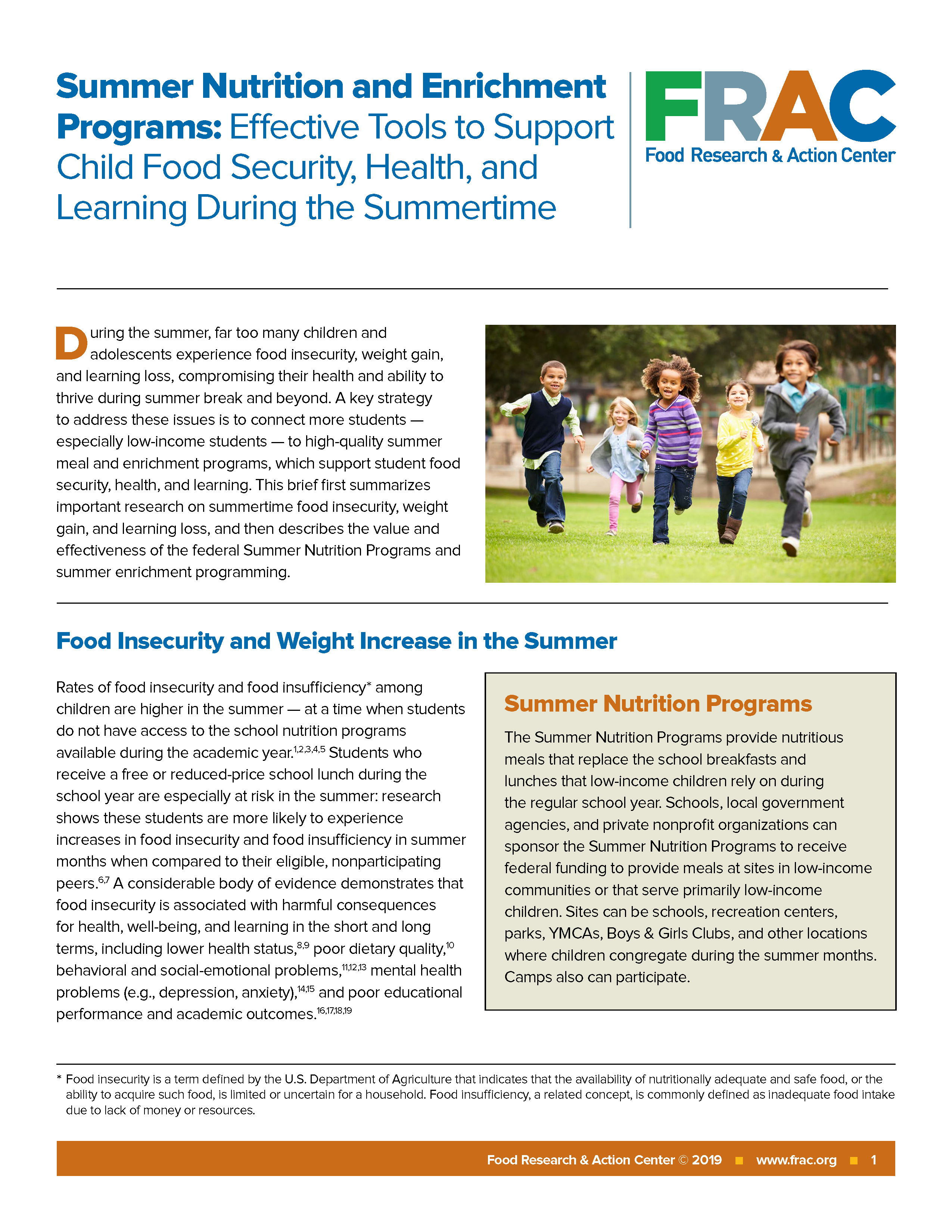Summer Nutrition and Enrichment Programs Summer Learning